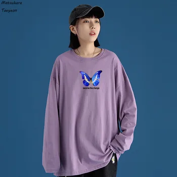 Nové Módne Voľné Sexy Lady Pierko Motýľ T-shirt Ženy kórejský Štýl Estetické Dlhý Rukáv Tričko Bavlna Top Tees Oblečenie