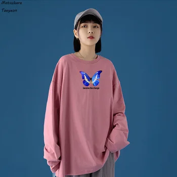 Nové Módne Voľné Sexy Lady Pierko Motýľ T-shirt Ženy kórejský Štýl Estetické Dlhý Rukáv Tričko Bavlna Top Tees Oblečenie