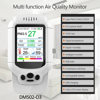 Vzduch Detektor LCD USB PM2.5 HCHO TVOC Laserového Rozptylu Kvality Ovzdušia Detektor Plynu Detektor Tester O3 Meter MonitorTester Smart Home