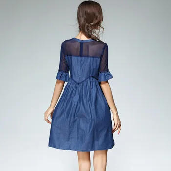 2017 Nové Jar Leto dámskej Módy Duté Out Blue Denim Šaty Žena Svetlice Rukáv Korálkové Patchwork Slim Šaty