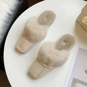 Ženy Papuče Krytý Ploché Topánky Farbou 2020 Jeseň Fashion Office Baotou Papuče Slip-on Pohodlné Kožušiny Topánky Žena