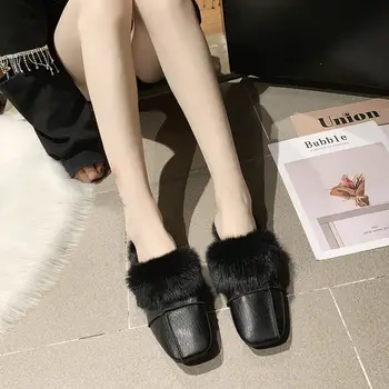 Ženy Papuče Krytý Ploché Topánky Farbou 2020 Jeseň Fashion Office Baotou Papuče Slip-on Pohodlné Kožušiny Topánky Žena