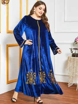 DOIB Ženy Blue Velvet Moslimských Abya Šaty Zlatej Nite na Výšivky Celý Rukáv, Dlhé Šaty 2020 Jeseň Plus Veľkosť Maxi Šaty