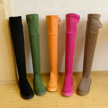 Móda Nad Kolená Ženy Úsek Oranžová Zelená Ružová Topánky 2019 Nové Zimné Topánky Ženy Pošmyknúť Na Platforme Gumené Topánky Čierne Boot