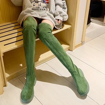Móda Nad Kolená Ženy Úsek Oranžová Zelená Ružová Topánky 2019 Nové Zimné Topánky Ženy Pošmyknúť Na Platforme Gumené Topánky Čierne Boot