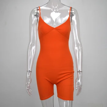 NewAsia Sexy Jumpsuit Leto bez Rukávov tvaru Bodycon Remienky Dámske Jumpsuit Rebrovaný Playsuit Bežné Streetwear Oranžovú Kombinézu