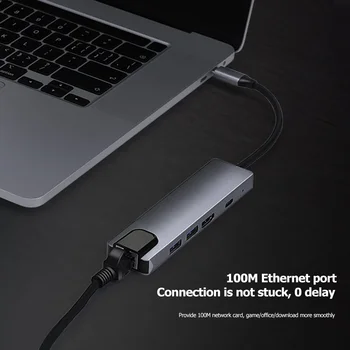 ALLOYSEED 5 v 1, USB Typ C-C HUB, Typ C až 4K HDMI 2 5Gbps USB3.0 65W PD RJ45 PC Adaptér Splitter Pre MacBook Air Pro Huawei