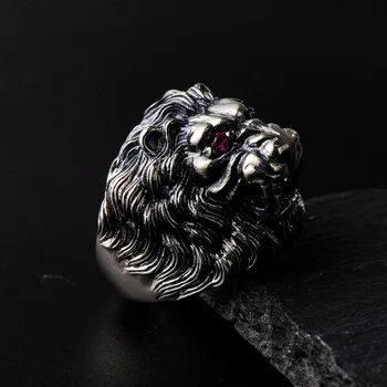 Skutočné 925 Sterling Silver Lion King Krúžok Pre Mužov S Červenými Očami Vykladané CZ Kameň Zvierat Mužského Krúžok Jemné Šperky
