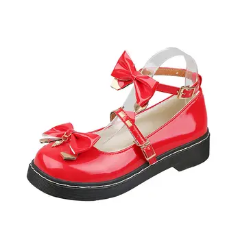 Sladké lolita topánky červená čierna stuha Harajuku kawaii topánky ženy roztomilé topánky kórejskej ženy topánky kolo hlavy kawaii topánky ploché topánky