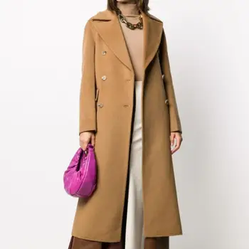 Ženy Jeseň Zima Dvojité Breasted cashmere kabát ženy veľké klope rovno bežné dlhé vlny kabát