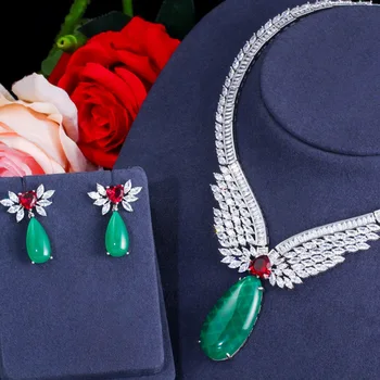 Pera Vintage Smaragdovo Zelená Červená CZ Kameň Svadobné Svadobné Veľké latríny Náhrdelník a Náušnice Sady pre Elegantné Ženy Šperky J309