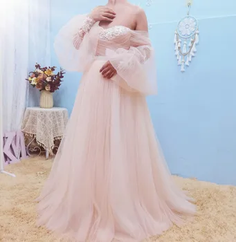 UMK Luxusnej Čipky Lištovanie Ružové Svadobné Šaty 2021 Elegantné Skladaný Tylu Svietidla Rukáv Jedinečné Svadobné Šaty