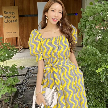 HAYBLST Značky Žena Šaty 2020 Letné Dlhé Šaty Pre Ženy, Oblečenie, Krátke Rukávy Plus Veľkosť kórejský Štýl Žltá Tlač Oblečenie