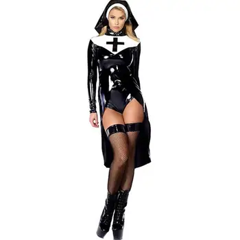 Ženy Saintlike Seductress Kostým Faux Kožené PVC Wetlook Mníška Halloween Kostým súťaž: Cosplay Maškarný