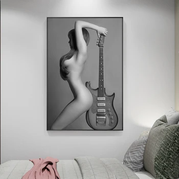 Moderné Nahé Umenie Plagáty a Tlačí na Steny Umelecké Plátno na Maľovanie Sexy nahá Dievča s Gitarou Obrázky pre Obývacia Izba Domova