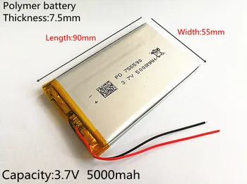 3,7 V 5000mAh Lítium-Polymérová LiPo Nabíjateľná Batéria buniek Pre Mp3 Power bank PSP, mobilný telefón PAD ziskové tablet PC 755590