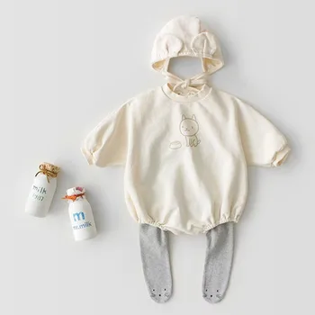 Móda Unisex Detské Oblečenie Set Dievčatá 3 6M Novorodenca Oblečenie v Zime Teplé Dlhý Rukáv Cartoon Potápačské Kombinézy S Caps Nastaviť 2019 Dieťa