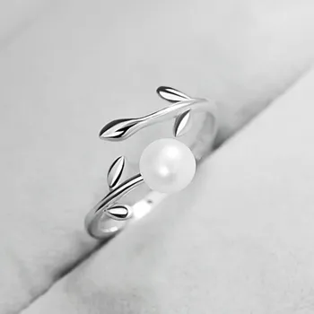 Bague Ringen kórejský Jednoduchý Štýl Pearl Krúžok pre Ženy Trendy Striebro 925 Šperky Rastlín Leaf Žena Otvorenie Krúžky Datovania Dary