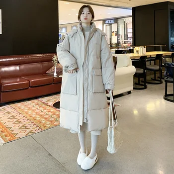Kórejská verzia voľné vatovaný kabát bunda s veľkými vreckami zimné nové dlho nadol čalúnená parkas ženy kabát s kapucňou