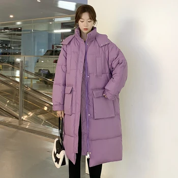 Kórejská verzia voľné vatovaný kabát bunda s veľkými vreckami zimné nové dlho nadol čalúnená parkas ženy kabát s kapucňou