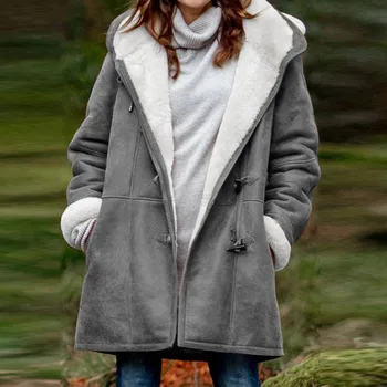 Ženy Zimné Plus Veľkosť Pevných Kabát Zamatový Kabát Dlhý Rukáv Horn Pracky Vrecko na Kabát s Kapucňou Teplé Kabáty Ropa Mujer Invierno #T1G