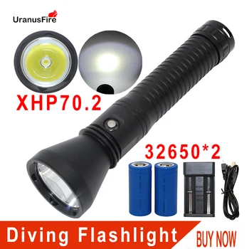Uranusfire Podvodné 100m Potápanie Svetlo Vodotesný LED XHP70.2 Baterky Baterky 32650 Silný 4000lumens xhp70 Potápanie Lampa