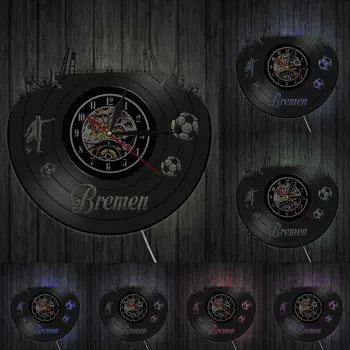 Brémy Módne Vinyl Nástenné Hodiny s LED osvetlenie Nemecko Mesta Skyline Stenu Decor Futbalových Fanúšikov Cestovať Darček Hodinky