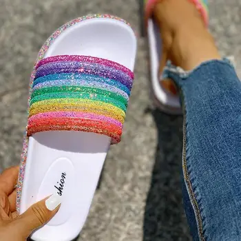 2020 ženy Rainbow Bling Papuče topánky žena Letné Beach Dámy Listov Bytov Topánky Domov Žien Papuče Outdoor Obuv Sandal