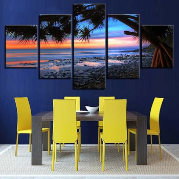 Plátno na Stenu Umenie Fotografie Domova Obývacia Izba 5 Kusov Sunrise Beach Kamene Strom Seascape Maľovanie HD Vytlačí Plagáty Rámec