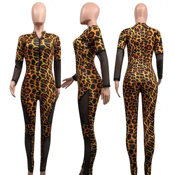 Dlhý Rukáv Leopard Tlač Jumpsuit V Krku Chudá, Chudá Remienky Ženy Vidieť Cez combinaison femme Fashion Nohavice 2020