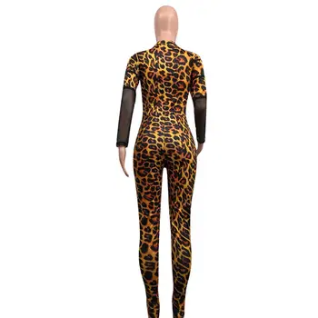 Dlhý Rukáv Leopard Tlač Jumpsuit V Krku Chudá, Chudá Remienky Ženy Vidieť Cez combinaison femme Fashion Nohavice 2020