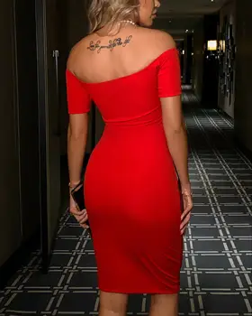 2020 Lete Ženy Elegantné, Sexy Červené Koktail Midi Party Šaty Pevné Mimo Rameno Krátke Rukáv Slim Fit Bodycon Šaty