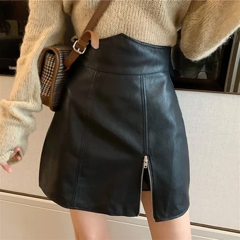 Kórejský Vintage Pevné A-Line Ženy Sukne Bežné PU Kožené Sexy Mini Balík Hip Sukne Móde Nad Kolená Dámy Vysoký Pás Sukne