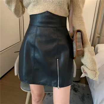 Kórejský Vintage Pevné A-Line Ženy Sukne Bežné PU Kožené Sexy Mini Balík Hip Sukne Móde Nad Kolená Dámy Vysoký Pás Sukne