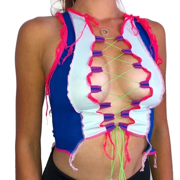 2020 E-dievča Rebrovaný Cross-criss Čipkou Trim Camis Topy Y2K Špagety Popruh Backless Modrá tvaru Volánikmi Lemy Sexy Ostrihané Topy