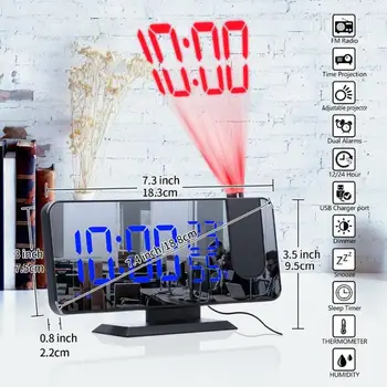 LED Digitálny Budík Ploche Hodiny Multifunkčné Rádio Projekčný Budík S Teplota Vlhkosť Zrkadlo Hodiny