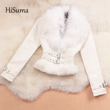 2020 zimné nové dámske elegantné Bavlna kabát žena retro kožušiny golier, opasok pás PU kožené bundy, krátke bundy