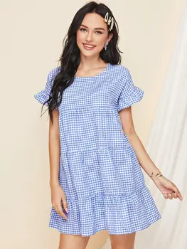 Bežné modré kockované mini Šaty žien Krátky rukáv harajuku oblečenie A-Riadok O-Krku šaty letné žena 2021 kórejský módne oblečenie