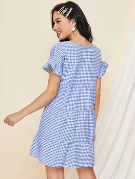 Bežné modré kockované mini Šaty žien Krátky rukáv harajuku oblečenie A-Riadok O-Krku šaty letné žena 2021 kórejský módne oblečenie