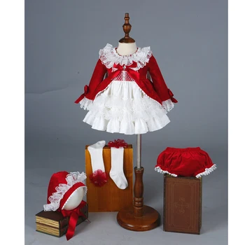 4 KS Vianoce Dievčatá Červené Vintage Šaty španielskej Velvet Hold Hodváb Čipky Tutu Šaty Dieťa Dievčatá 1 2 3 4 5 6 Rokov Narodeniny Šaty