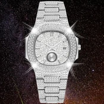 Drop Shipping Plný Diamond Ľadový Sa Pozerať Mužov Nepremokavé Striebornej Nerezovej Ocele Pánske Quartz Watchs Hip Hop Muž Hodiny Relogio