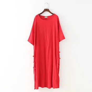 Ženy letné šaty 2018 bavlnená posteľná bielizeň župan femme voľné veľká veľkosť batwing rukáv vestido retro tričko šaty červené bielizeň šaty