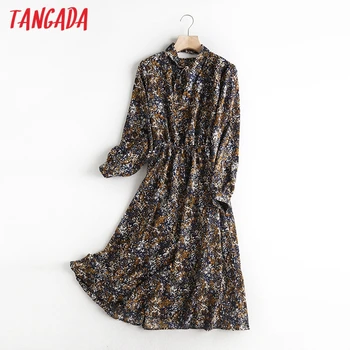 Tangada 2020 Jeseň fashion ženy kvety tlače šifón šaty s dlhým rukávom dámske elegantné midi šaty s lukom WF2