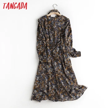 Tangada 2020 Jeseň fashion ženy kvety tlače šifón šaty s dlhým rukávom dámske elegantné midi šaty s lukom WF2