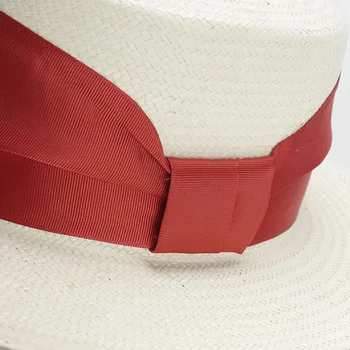 Unisex Biele Široký Okraj Slnko Klobúk s Červenou Stuhou Luku Panama Slamy Letné Beach Klobúk pre Ženy, Mužov, Svadobné Kentucky Derby Hat, Fedora