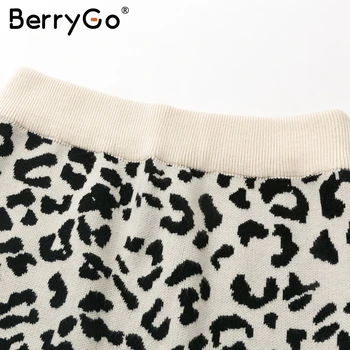 BerryGo Sexy leopard tlač pletené sukne ženy Jeseň elastické vysoký pás midi sveter sukne, Elegantné bočné split lady strana sukne
