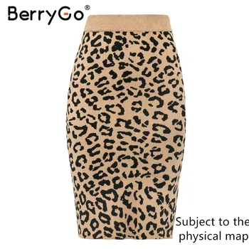 BerryGo Sexy leopard tlač pletené sukne ženy Jeseň elastické vysoký pás midi sveter sukne, Elegantné bočné split lady strana sukne