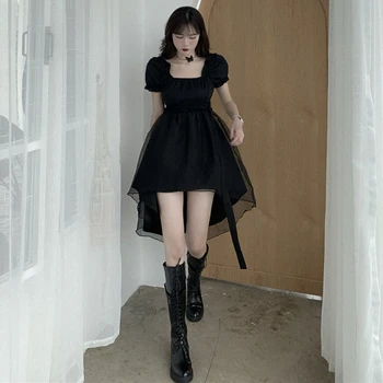 Japonské Ženy Black Gothic Lolita Šaty Viktoriánskej Vintage Girl Lístkového Krátky Rukáv Organza Oka Námestie Golier A-line Punk Šaty