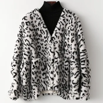 Zimné Veľké Leopard Tlač Je Vlna Kožušiny Voľné Bunda Patria Hrubé Teplé Outwear Vrecká Plyšové Tvaru Krátke Outwear Módne Ovce Kabát