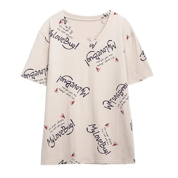 Plus Veľkosť V Krku Topy T Shirt 2020 Letné Oblečenie Žien Módne kórejský List Vytlačiť T-shirt Nadrozmerné Bavlna Voľné Vtipné Tričko